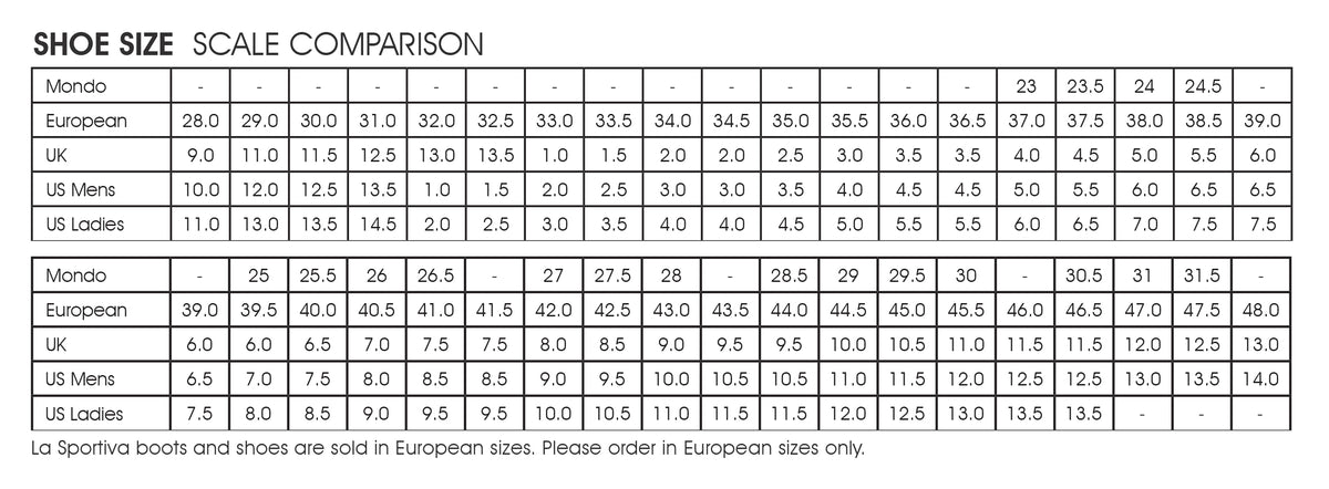 La Sportiva Size Chart Shoes Mountain Adventure